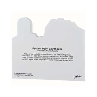 back of product with text about Eastern Point Lighthouse on a white background