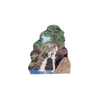3/4" wooden replica with an illustration of  a nature scene with trees and water on a white background