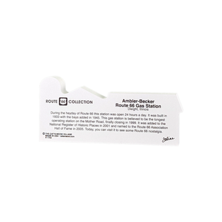 3/4" thick wood Product with text about Route 66 gas station on a white background