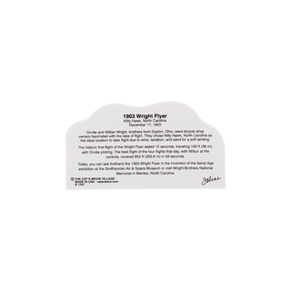 Back of product with text about  1903 Wright Flyer model airplane with text on a white background