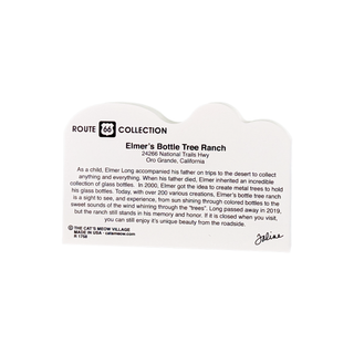 Elmer's Bottle Tree Ranch information on back of 3/4" thick wood model with white background.