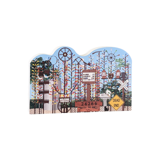 3/4" thick wood Decorative sign with vintage-style illustrations of a town scene on a white background