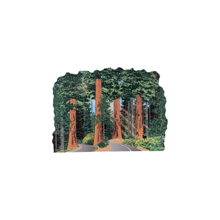 3/4" wooden replica with an illustration of a forest with tall trees and a winding road.