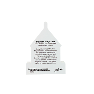 back of product printed with black text about the Powder Magazine, photographed on a plain white background.