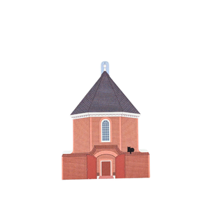 3/4" thick wooden replica with an illustration of a  brick church building with a dark pointed roof, arched window, and small black silhouette detail, centered on a plain white background.