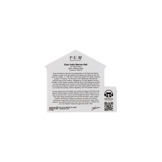 Back of product with black text on a white background about the east india marine hall with PEM logo