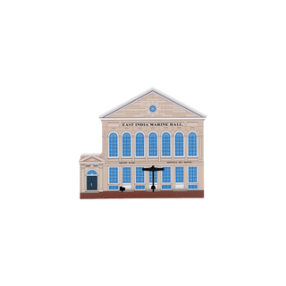 3/4" wooden replica with an illustration of East India Marine Hall on a white background