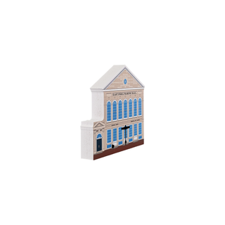 3/4" wooden replica with an illustration of a building with blue windows on a white background