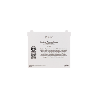 back of product with black text on a white background about the gardner-pingree house with PEM logo 