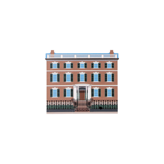 3/4" wooden replica with an illustration of a large brick building with a white facade on a white background