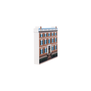 3/4" wooden replica with an illustration of a two-story brick building with white trim on a white background