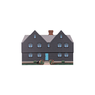 3/4" wooden replica with an illustration of a two-story house with a blue door on a white background