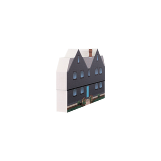 3/4" wooden replica with an illustration of a two story black house with a blue door