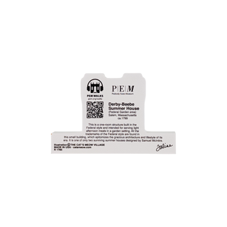 Back of product with black text on a white background about the derby-beebe summer house with PEM logo