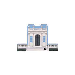 3/4" wooden replica with an illustration of a classical building with blue and white colors on a white background