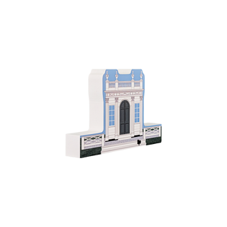 3/4" wooden replica with an illustration of a classical building facade on a white background