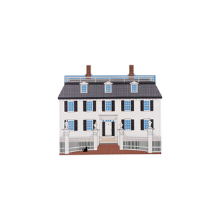 3/4" wooden replica with an illustration of a two-story house with black shutters and a white facade on a white background
