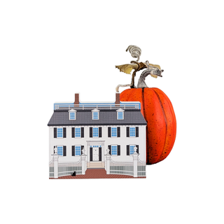 Decorative pumpkin with a house design on a white background