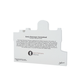 3/4" thick wooden figurine with text about the Emily Dickinson Homestead and museum, featuring a logo and name.