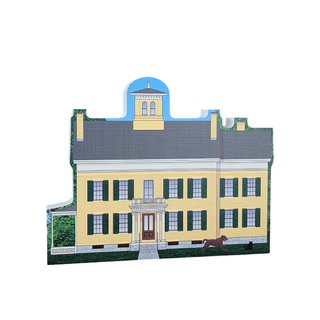 3/4" thick wooden Illustration of a yellow house with green shutters and a brown door on a white background.