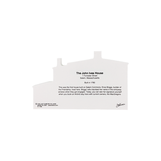 back of product with black text on a white background about the john ives house