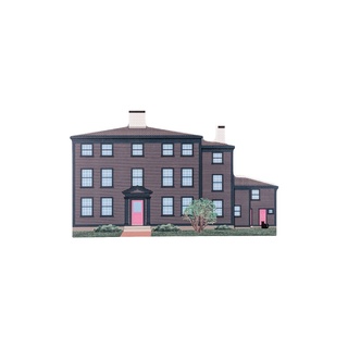 3/4" wooden replica with an illustration of a large house with a pink door on a white background