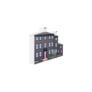 3/4" wooden replica with an illustration of a three-story house with a red door on a white background