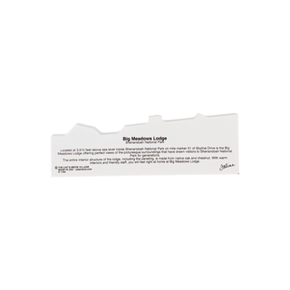 back of 3/4" wooden replica with a product description of Big Meadows Lodge