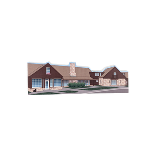 3/4" wooden replica with an illustration of a building that's brown and has windows with rock siding 