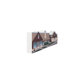 3/4" wooden replica with an illustration of  of a residential building  on a white background