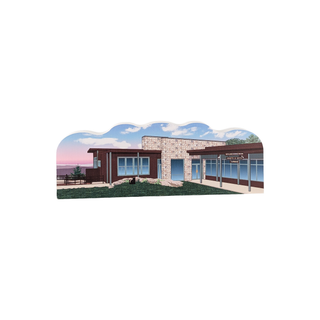 3/4" wooden replica with an illustration of  a house with a scenic background