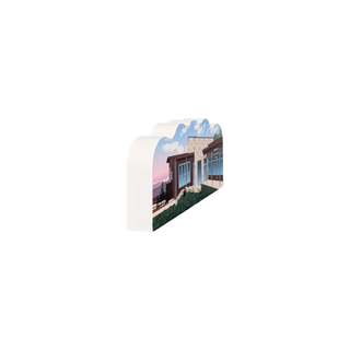 3/4" wooden replica with an illustration of a house with scenic background 