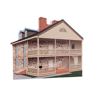 3/4" thick wooden illustration of a stone building on a white background
