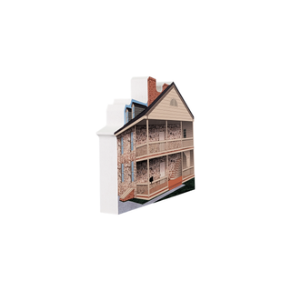 3/4" thick wooden illustration of a stone building on a white background