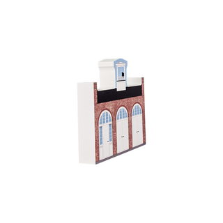 3/4" thick wooden illustration of a building on a white background