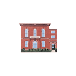 3/4" wooden replica with an illustration of a red brick building with white windows on a white background
