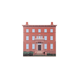 3/4" wooden replica with an illustration of a large brick building with a white background