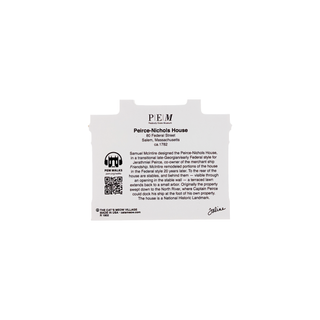 back of product with black text on a white background about the Peirce Nichols House with the PEM logo 