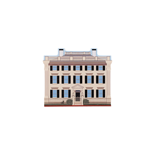 3/4" wooden replica with an illustration of a classical building with a white background
