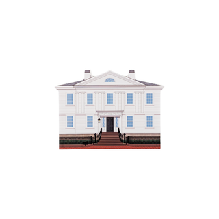 3/4" wooden replica with an illustration of a white house with blue windows and red steps on a white background