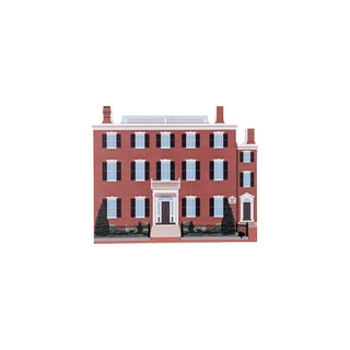 3/4" wooden replica with an illustration of a red brick building with black shutters on a white background