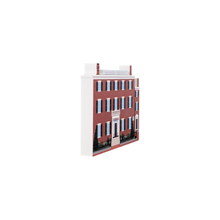 3/4" wooden replica with an illustration of a red brick building with white accents on a white background