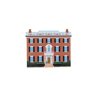 3/4" wooden replica with an illustration of a large brick building with a white front door on a white background