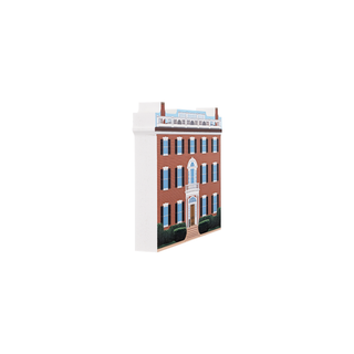 3/4" wooden replica with an illustration of a brick building with blue shutters on a white background