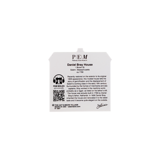 back of wooden replica with description  about Daniel Bray House with PEM logo on a white background