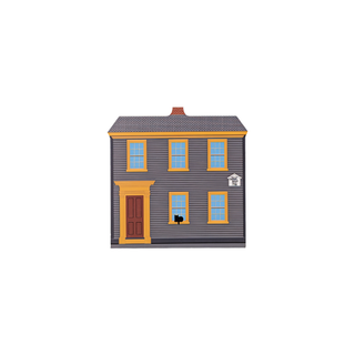 3/4" wooden replica with an illustration of a house with gray siding, yellow trim, and blue windows on a white background.