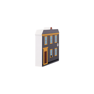 3/4" wooden replica with an illustration of a house with a gray roof and yellow trim on a white background