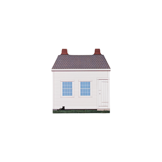 3/4" wooden replica with an illustration of a house with a white exterior and gray roof on a white background