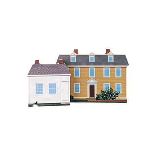 3/4" wooden replica with an illustration of a two-story house with white and yellow facades on a white background