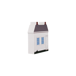 3/4" wooden replica with an illustration of a house with a white body and brown roof on a white background